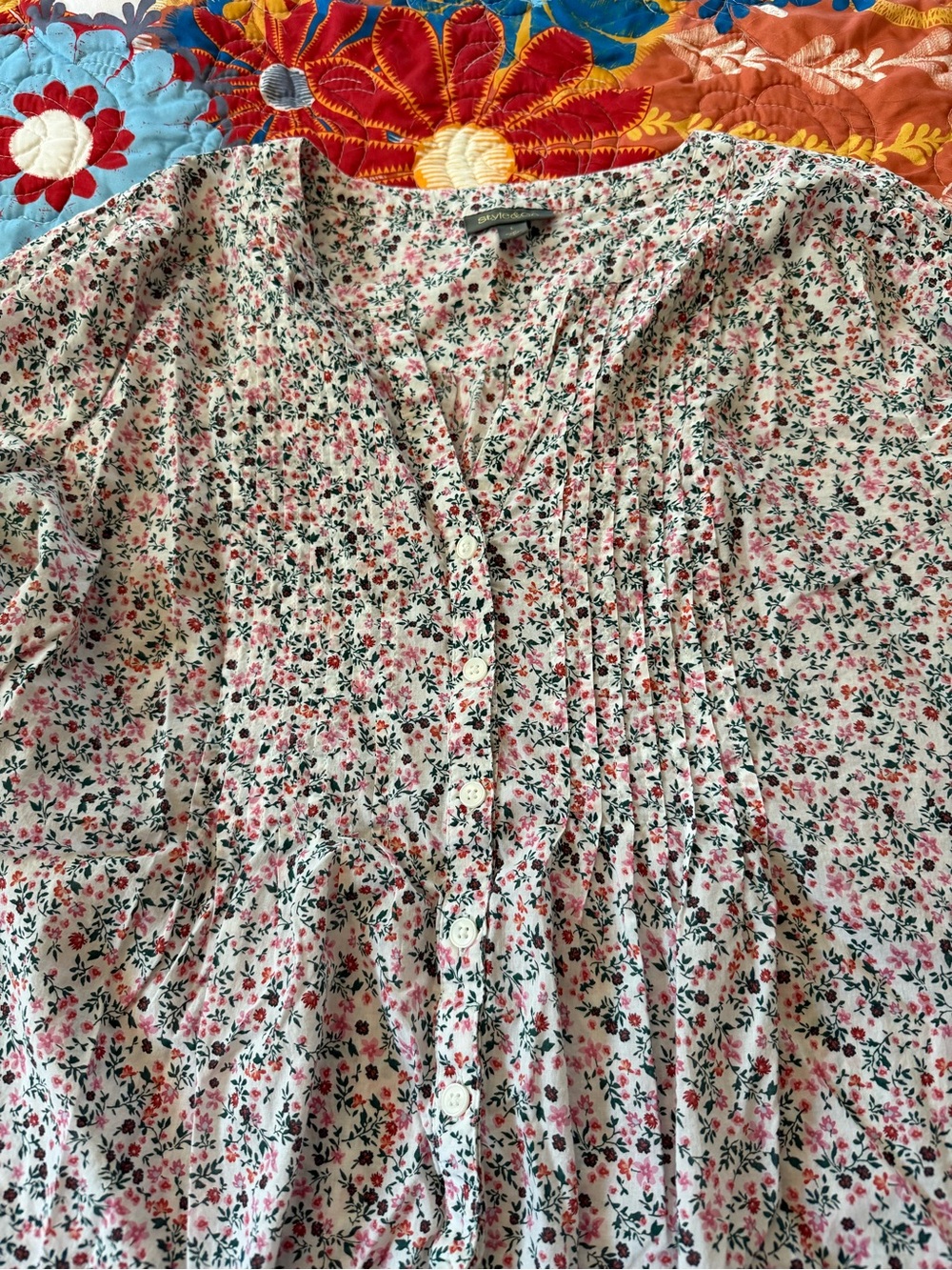 Style & Co. White Floral Button-Front Blouse with Pink and Green Accents